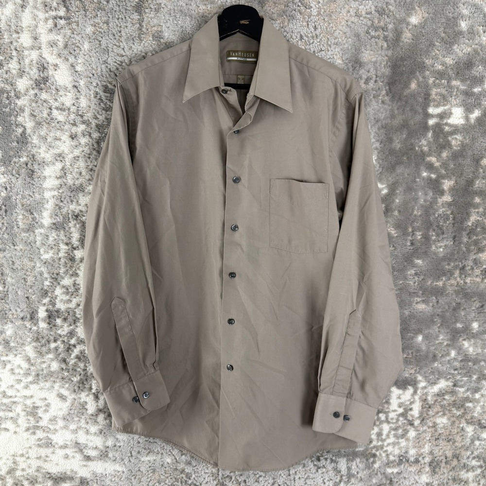 Van Heusen Size M Fitted Wrinkle Free Poplin Dress Shirt Tan Long Sleeve Men